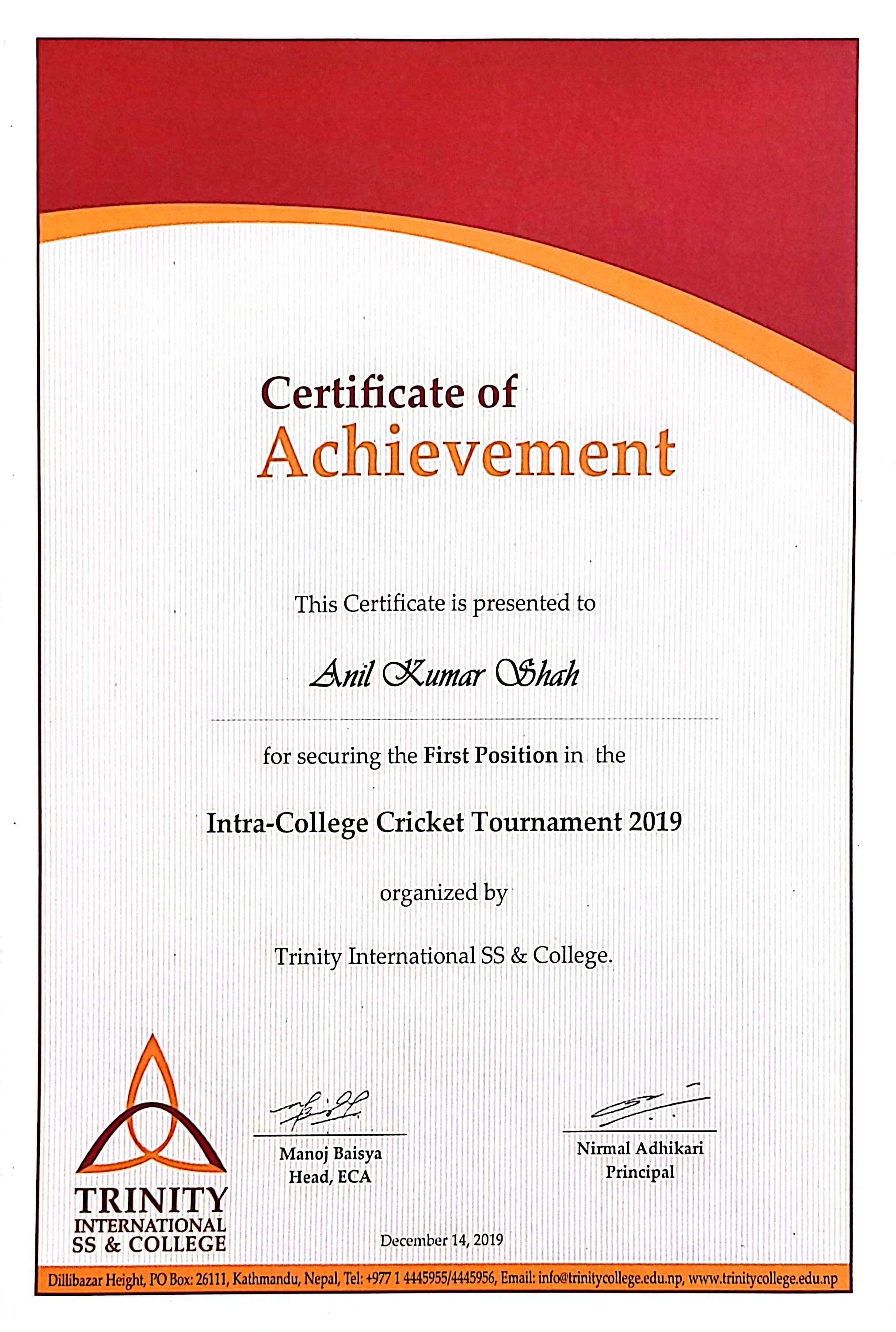 Intra College Cricket Tournament 2019 Certificate